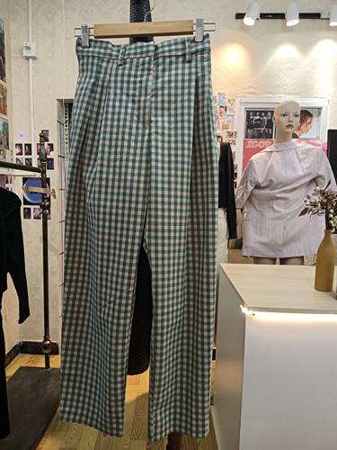 monki绿色格纹修身九分裤休闲长裤商场撤柜品牌