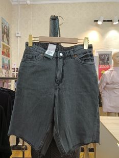 monki灰色纯棉五分直筒牛仔短裤中裤商场撤柜品牌