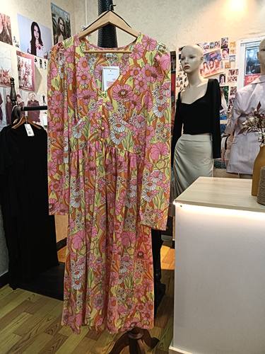 monki欧美大花花朵v领系扣收腰长袖连衣裙长裙商场撤柜品牌