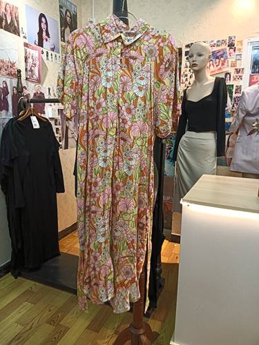 monki欧美大花花朵印花翻领系扣系带棉绸中袖连衣裙商场撤柜品牌