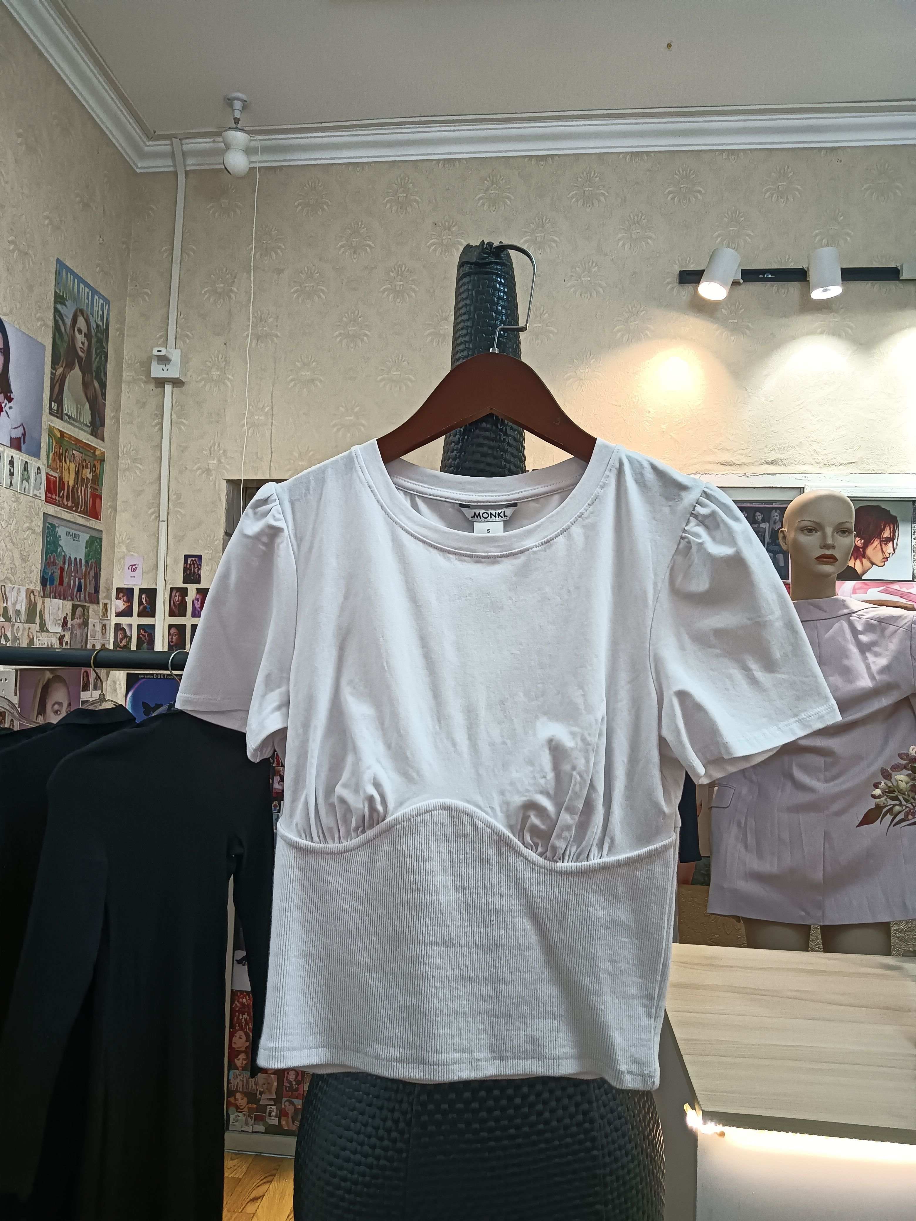 monki白色法式收腰褶皱设计纯棉t恤短袖商场撤柜品牌