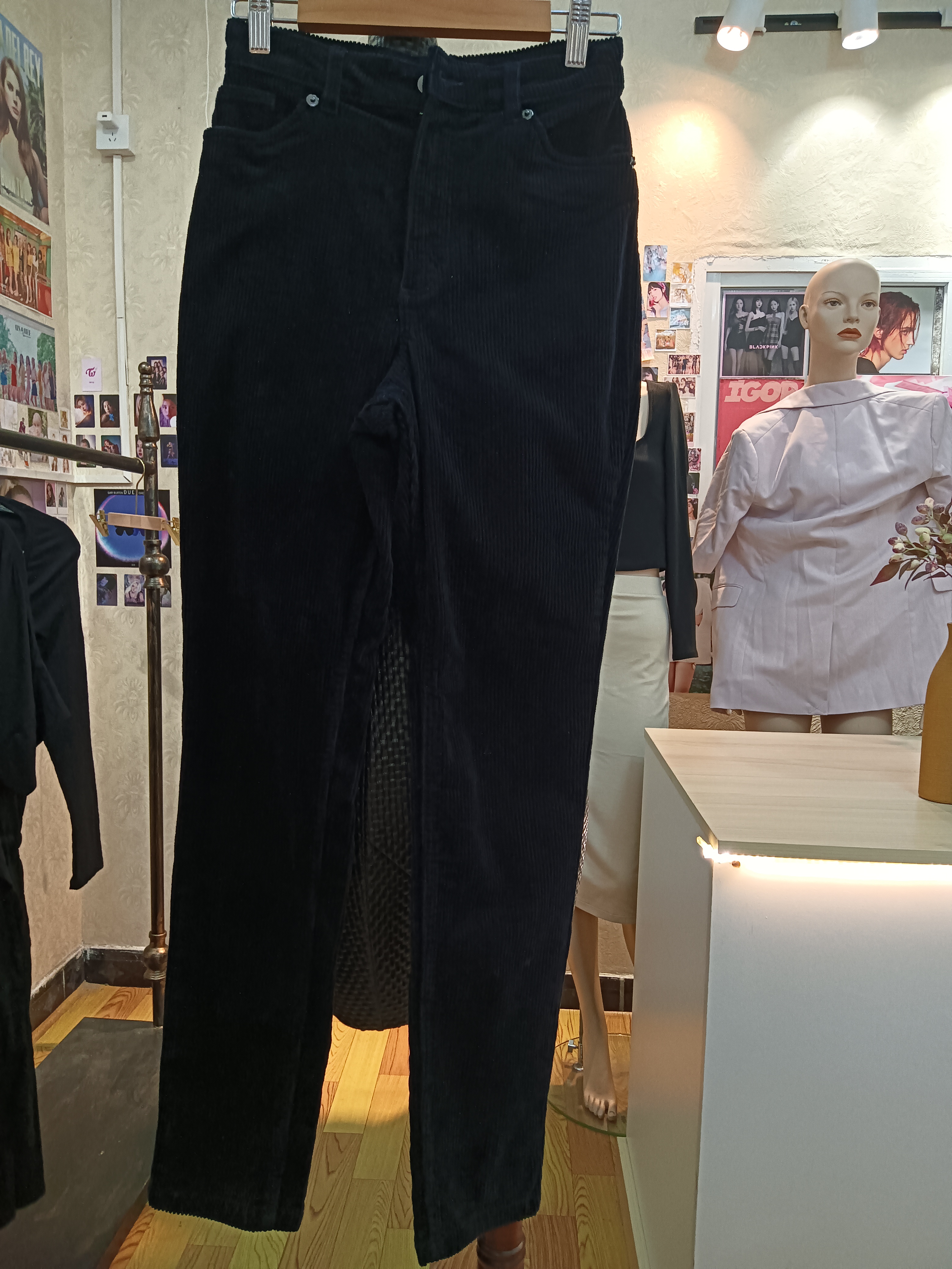 monki藏青色灯芯绒直筒修身休闲长裤商场撤柜品牌
