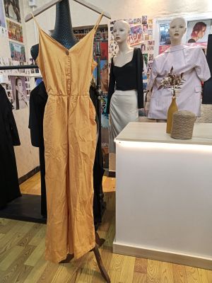 monki黄色v领吊带系扣松紧收腰口袋工装连体裤长裤商场撤柜品牌