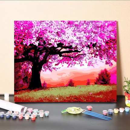 春天风景diy数字油画定制 手工填充涂色油彩画静物草花树木装饰画图片