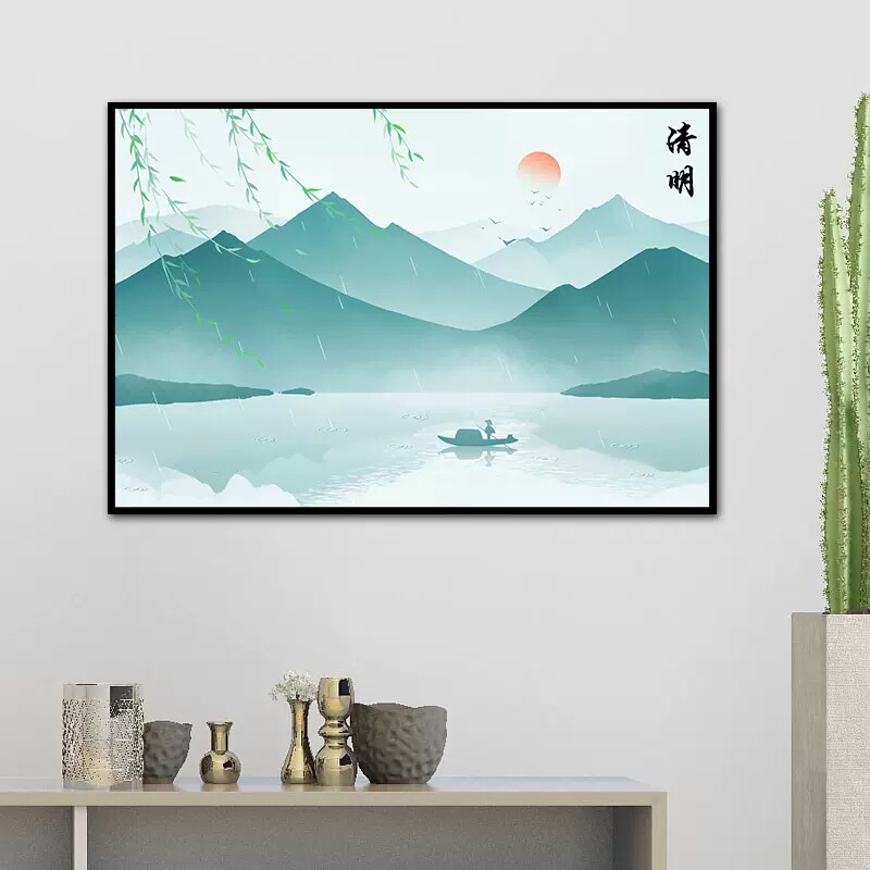 新中式山水风景diy数字油画 手绘填充涂色丙烯油彩画 清明时节