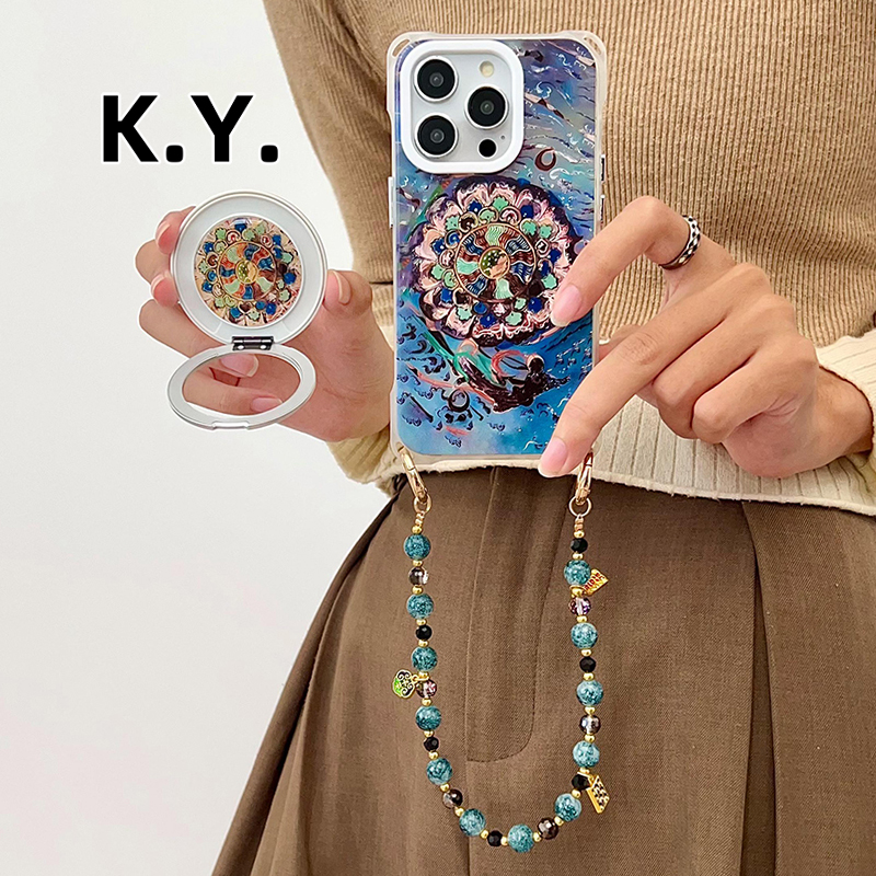 敦煌莲花磁吸支架手机壳带挂绳适用于iPhone16pro华为mate60/70手腕斜跨小米15ultra四角开孔vivox200pro防摔