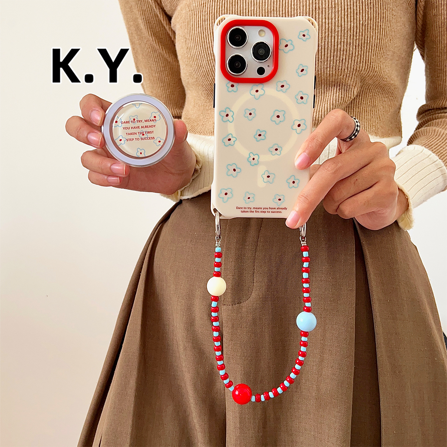 创意蓝小花磁吸支架手机壳带挂绳适用于苹果17promax手提腕带华为mate60pro背带斜挎i15/16pro四角开孔X200U