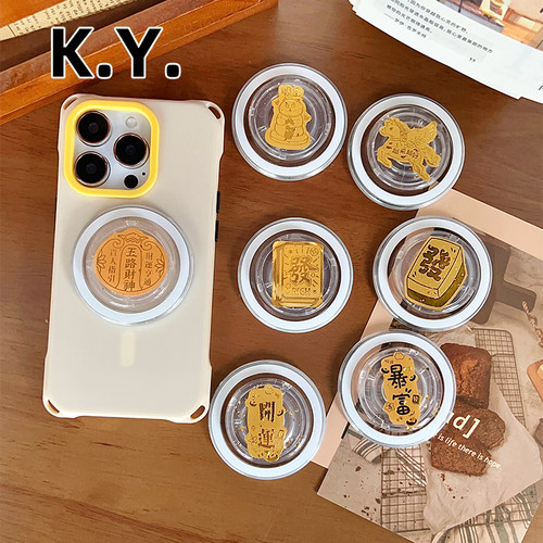 新款暴富金箔开运招财猫手机壳气囊支架粘贴式可伸缩桌面支架磁吸