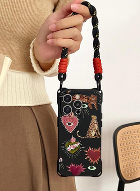 小众复古豹子苹果16PRO手机壳带挂绳适用华为mate70PRO背带斜挎小米14ultra四角开孔iPhone15防摔硅胶保护壳