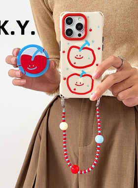 韩系线条磁吸支架手机壳适用于苹果17promax/iphone16Pro手提斜挎珠链华为mate70/60Pro四角开孔小米15ultra