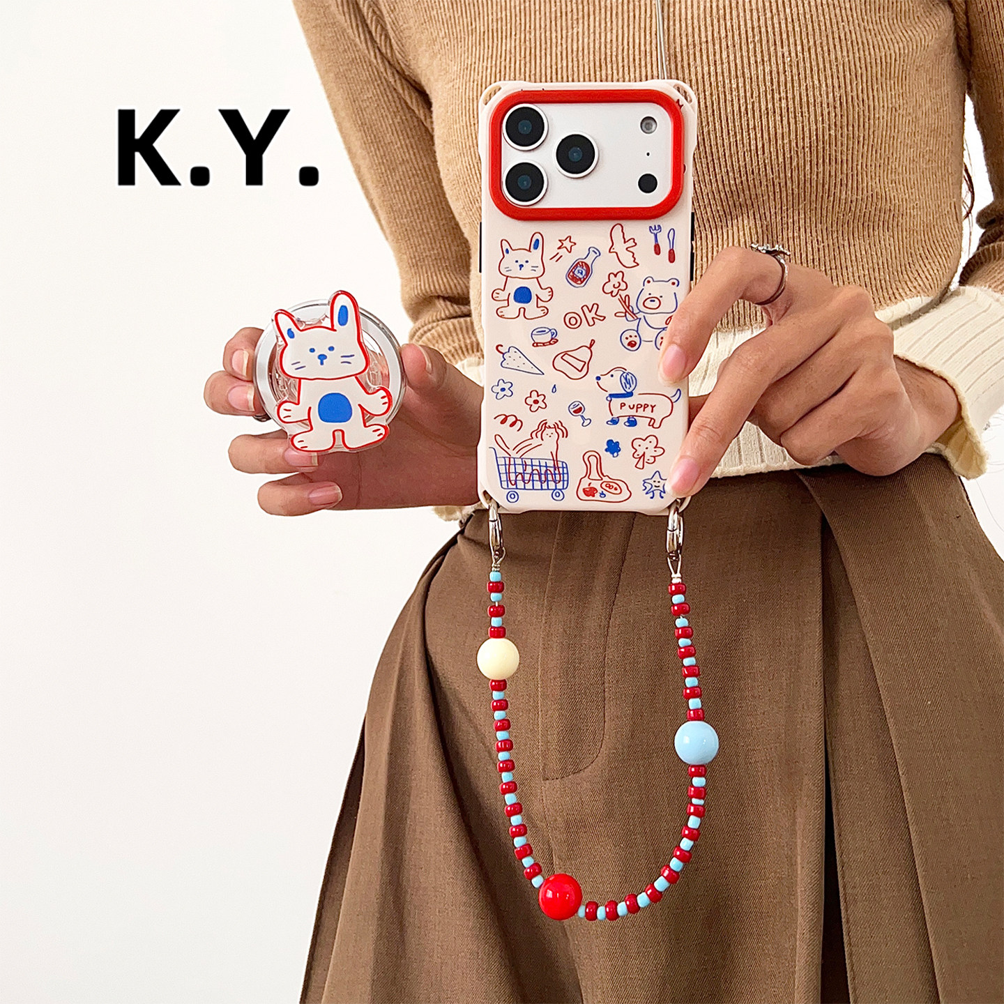 卡通蓝白猫磁吸支架手机壳带挂绳适用于苹果17PRO背带斜挎OPPOFindX8华为mate70pro四角开孔防摔硬壳小米17U