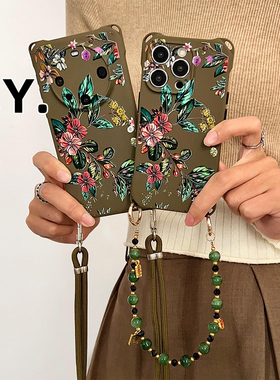 四角开孔可斜挎复古风油画花手机壳带挂绳适用华为苹果16PRO小米15ULTRA全包防摔findX8软硅胶mate60pro外壳