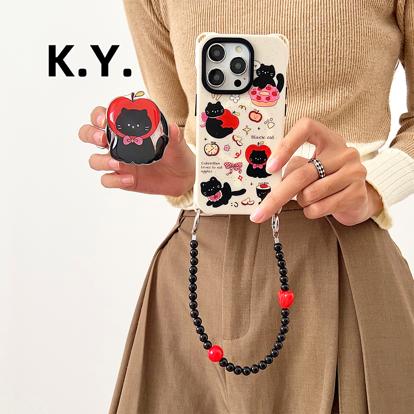 卡通黑猫磁吸支架手机壳带挂绳适用于苹果17promax华为PURA80背带斜挎iphone15pro四角开孔MATE70/60保护套女