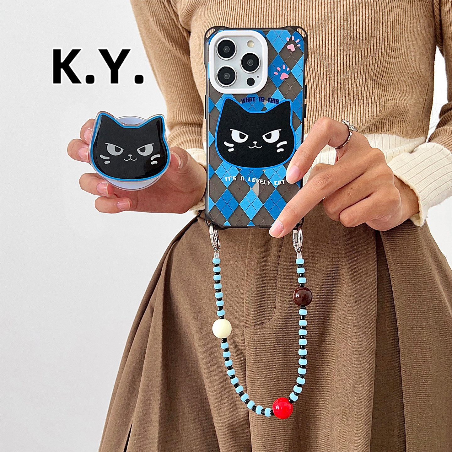 可爱黑猫磁吸支架手机壳带挂绳适用于苹果17/16Pm手提斜挎珠链华为Mate60/70Pro四角开孔小米15/14ultra硬壳