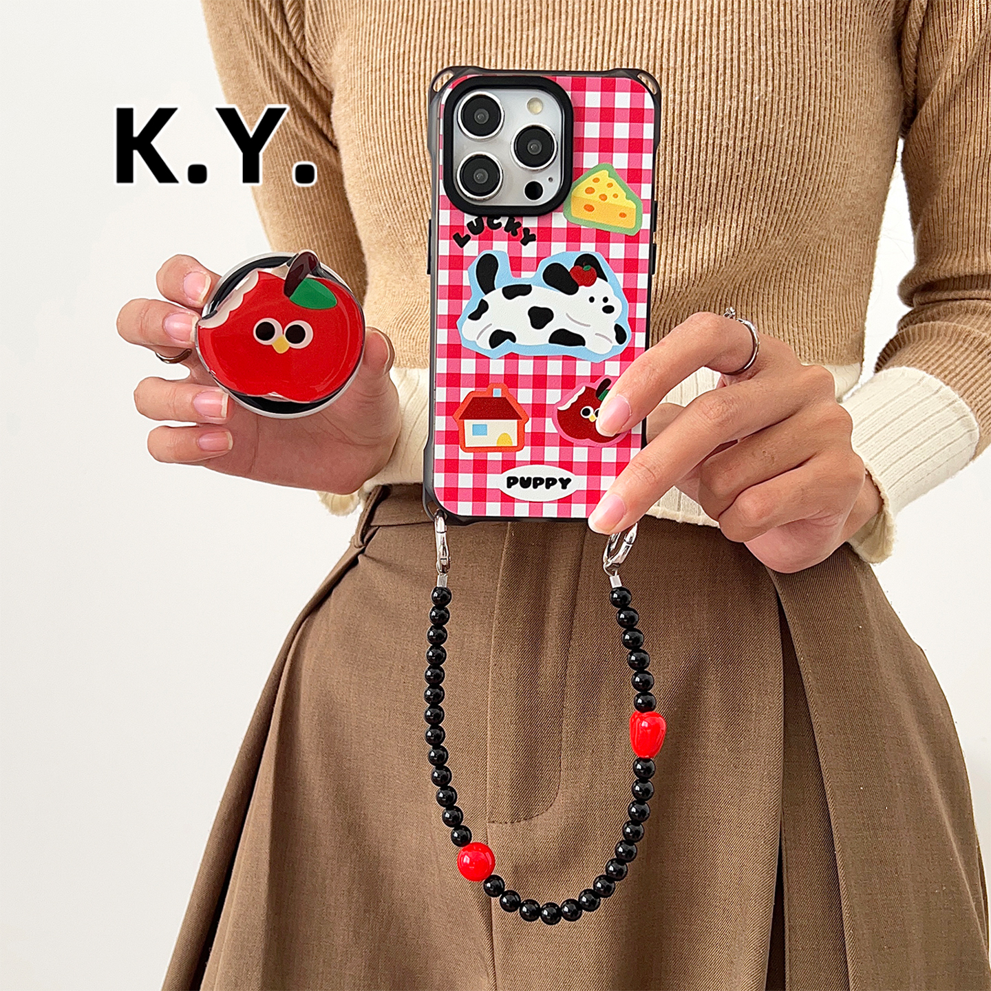 创意红苹果磁吸支架格纹手机壳带挂绳手提适用于苹果16promax华为MATE70背带斜挎iphone17pro四角开孔小米15U