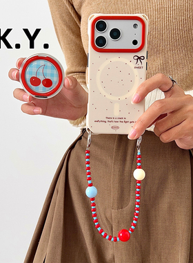 ins樱桃磁吸旋转支架手机壳适用于苹果17promax手提斜挎可背苹果15pro四角开孔华为mate70pro防摔X200PRO硬壳