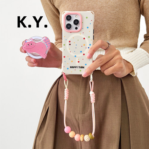 可爱猫咪磁吸支架手机壳带挂绳适用于苹果15PROMAX华为mate60/70四角开孔小米14/15手提斜挎FINDX8硬壳X200U