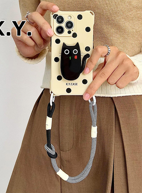新款黑猫支架手机壳带挂绳适用苹果16PM可手提斜挎华为nova12ULTRA四角防摔mate60pro保护壳创意软硅胶magic6