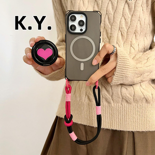 高级感爱心磁吸手机壳带挂绳斜挎可背适用苹果16PROMAX华为mate60pro四角开孔vivoX200手提防摔PURA70PRO硬壳