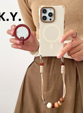 简约棕钥匙狗带镜子镜面苹果17pro带支架磁吸手机壳挂绳适用于华为MATE60PRO斜挎可背16pro保护壳小米15ULTRA