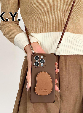 创意皮质支架挂绳手机壳16promax手腕适用于荣耀200小米华为Pura70苹果iPhone15挂绳斜挎mate60挂绳保护壳