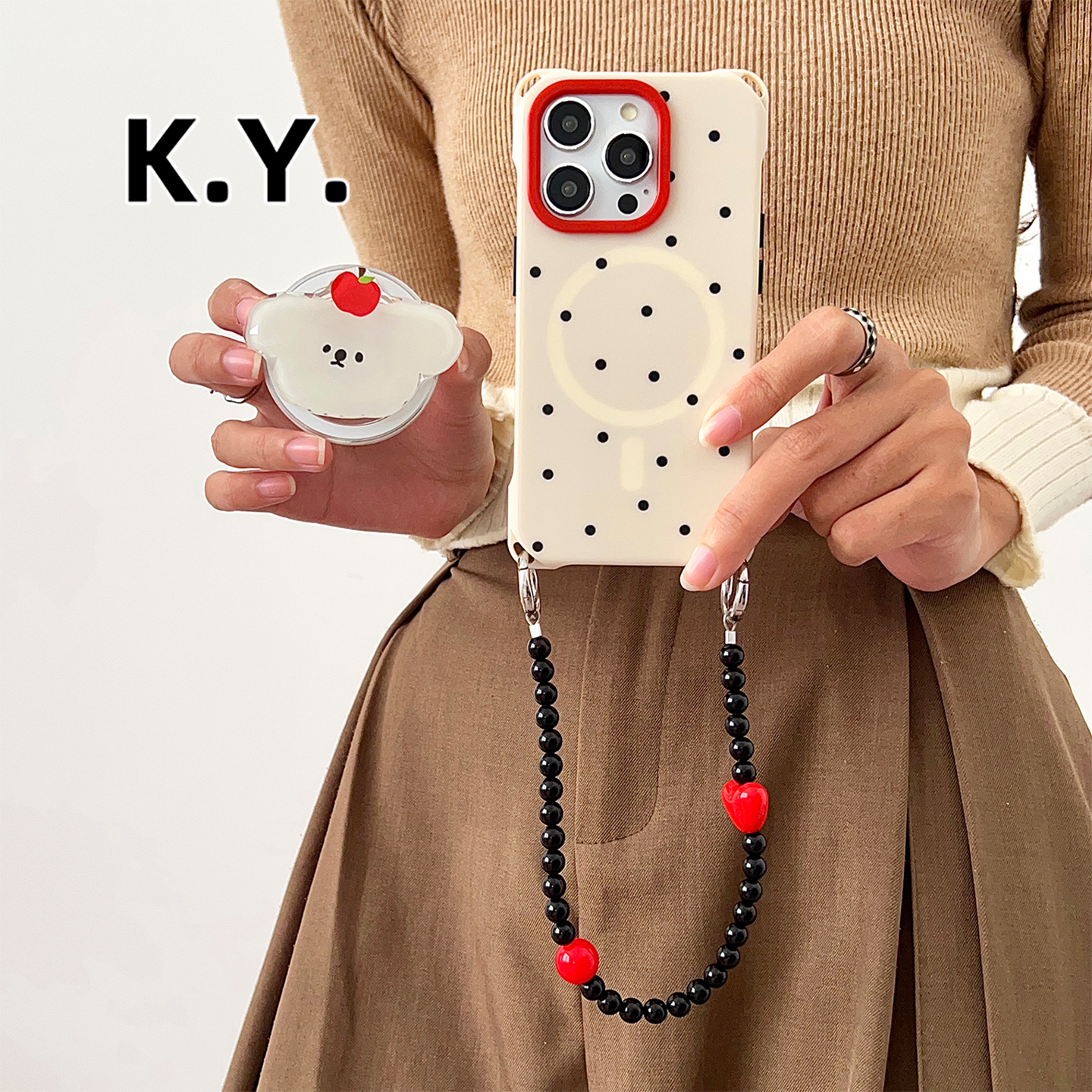 简约波点磁吸手机壳带挂绳适用于苹果17promax华为mate70背带斜挎16/15pro四角开孔VIVOX200U白狗磁吸支架