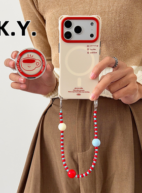 卡通红咖啡杯磁吸旋转支架手机壳背带斜挎苹果17promax手提斜挎可背苹果16pro防摔硬壳华为mate60pro四角开孔