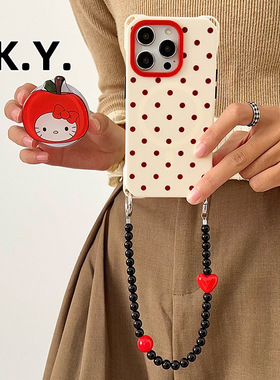 红色圆点KT猫磁吸支架手机壳带挂绳适用于苹果16PROMAX华为mate60/70手腕斜挎15四角开孔vivo200防摔findx7