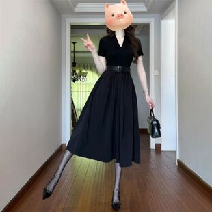 法式v领高级感黑色赫本风连衣裙女2025新款夏季收腰显瘦a字长裙