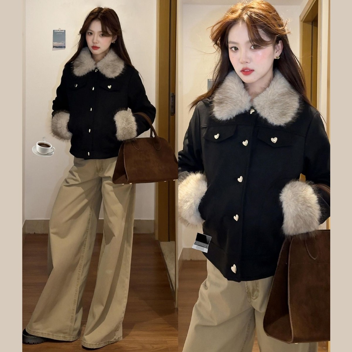 小香风黑色短款外套女冬季2025新款流行羊羔毛摇粒绒拼接加厚