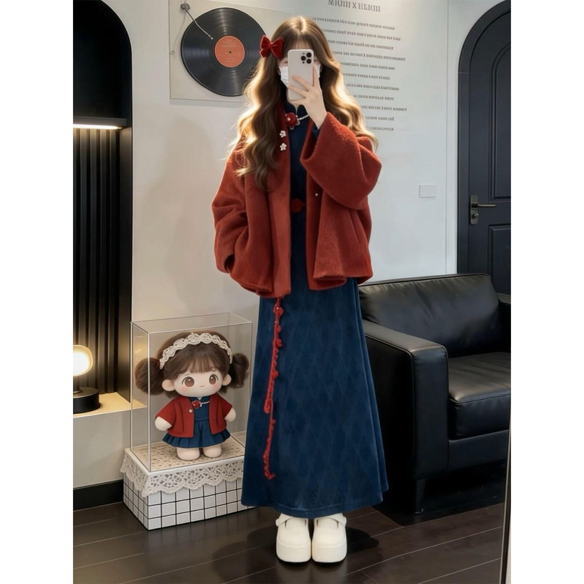 超好看冬装新中式蓝色旗袍连衣裙子女秋冬季2025新款穿搭长裙套装