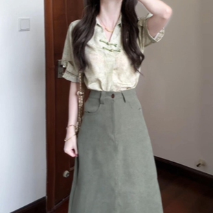 2026新款 新中式 连衣裙子女夏季 套装 绝美漂亮短裙 国风穿搭绿色衬衫
