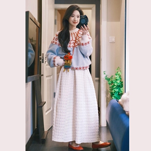 2026新款过年战袍高级感费尔岛毛衣连衣裙子女秋冬季穿搭套装长裙