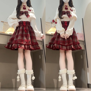 2026新款新年穿搭超好看假两件红色格子连衣裙子女秋冬季过年战袍