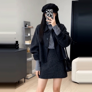 2025新款黑色连衣裙子女秋冬季小个子韩系一整套深冬穿搭短裙套装