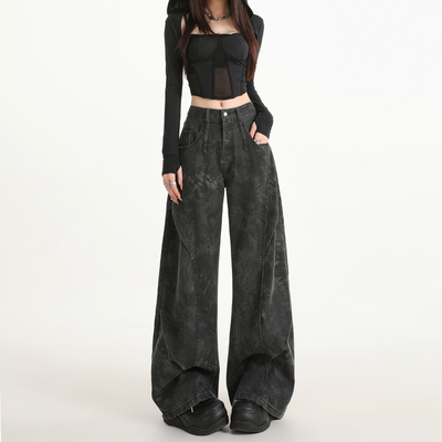 美式黑灰印花阔腿牛仔裤女2025秋季新款小众设计感工装直筒拖地裤