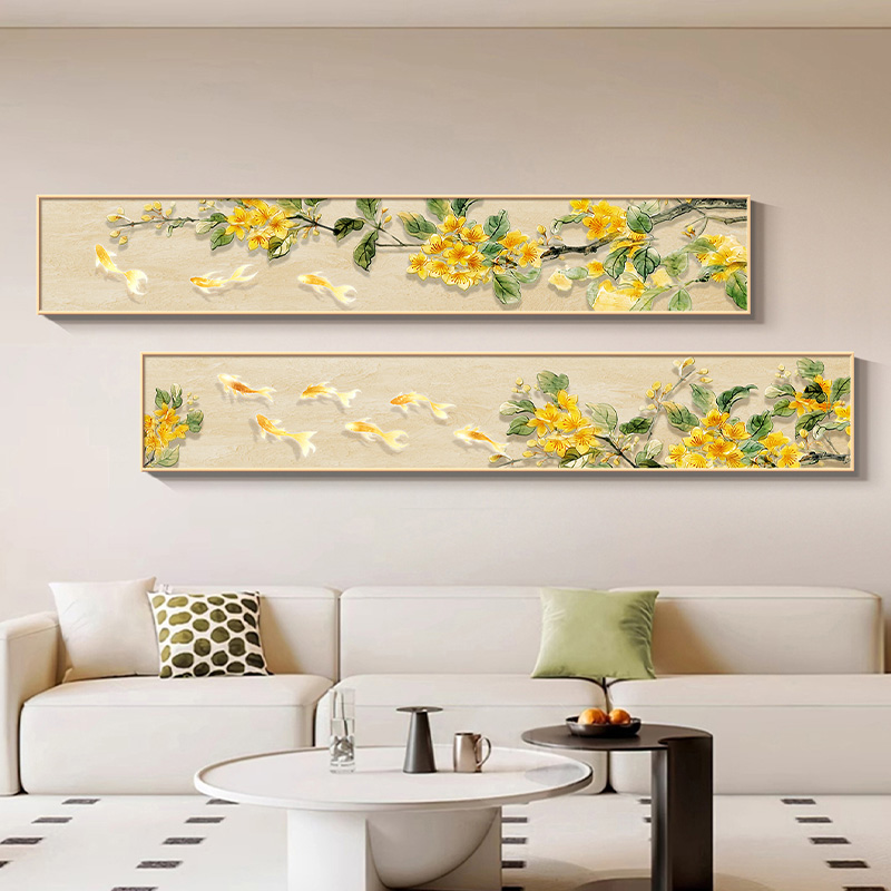 富贵有余客厅装饰画桂花九鱼图沙发背景墙挂画2025新款横长条壁画图片