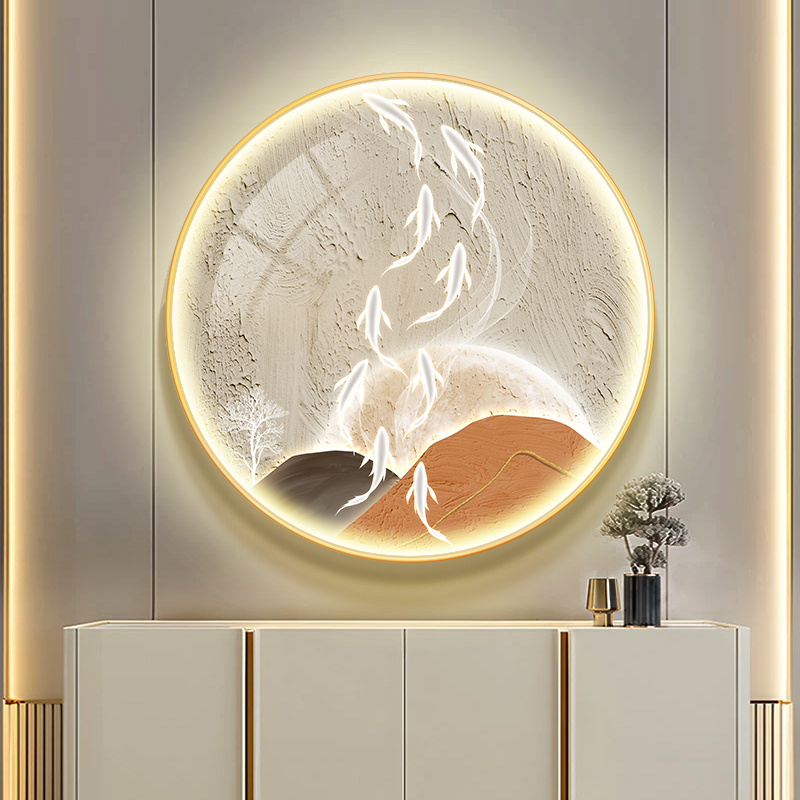 【招财九鱼图】圆形发光带灯挂画