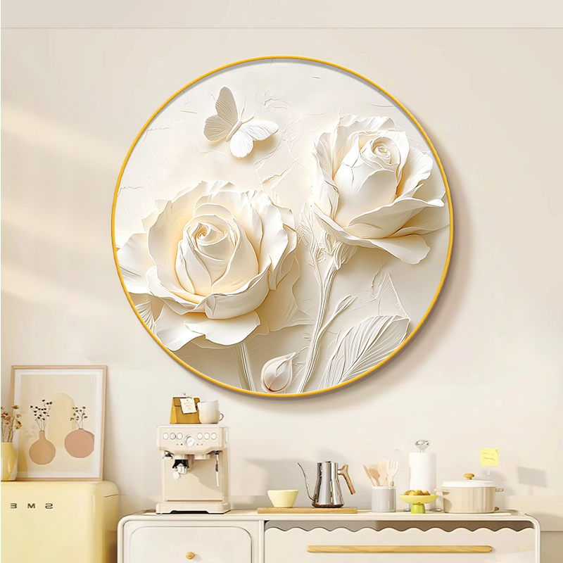 奶油风白色玫瑰圆形玄关装饰画客厅入户走廊过道挂画高档花卉壁画图片