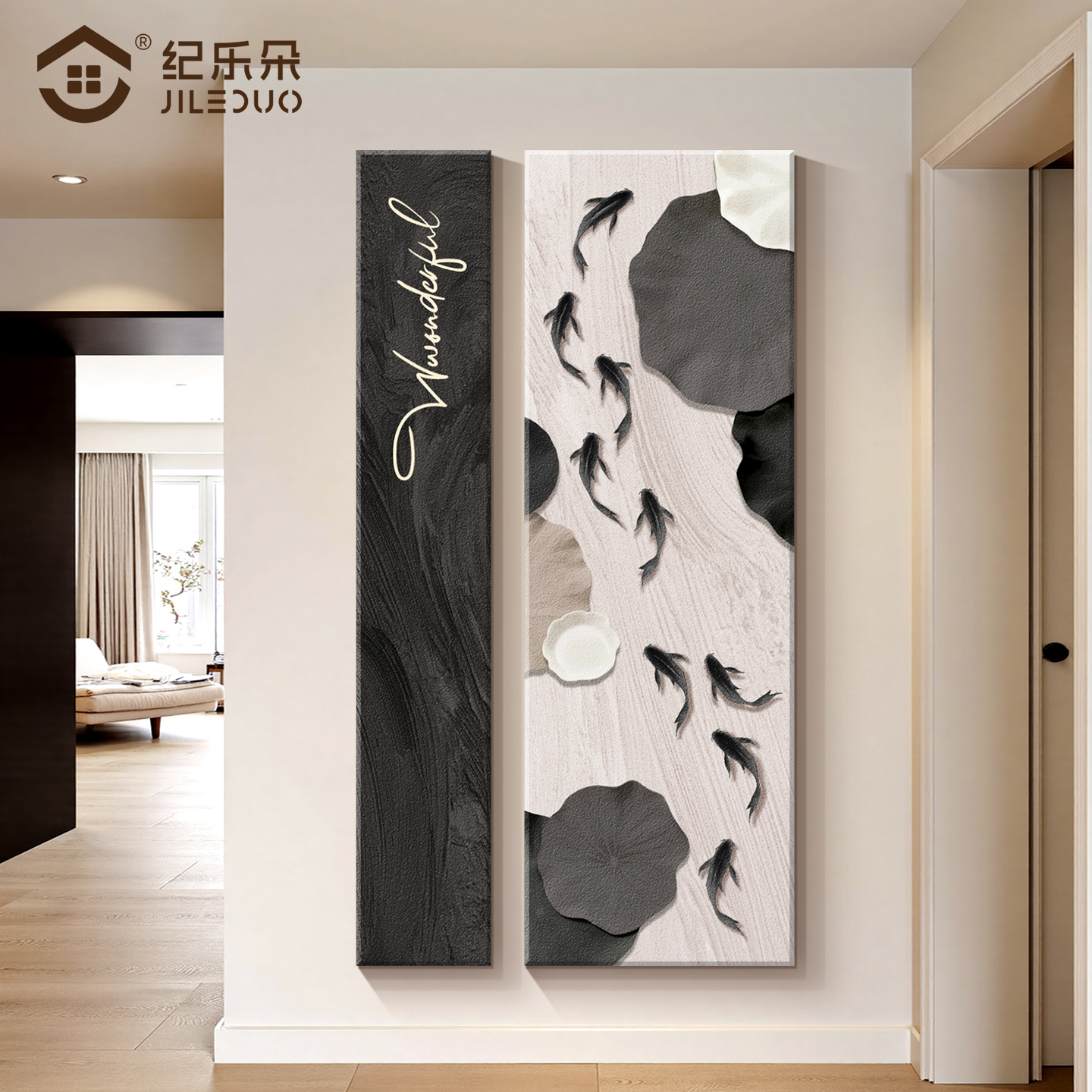 黑白色九鱼图挂画入户正对门玄关装饰画新款高级感立体砂岩组合画图片