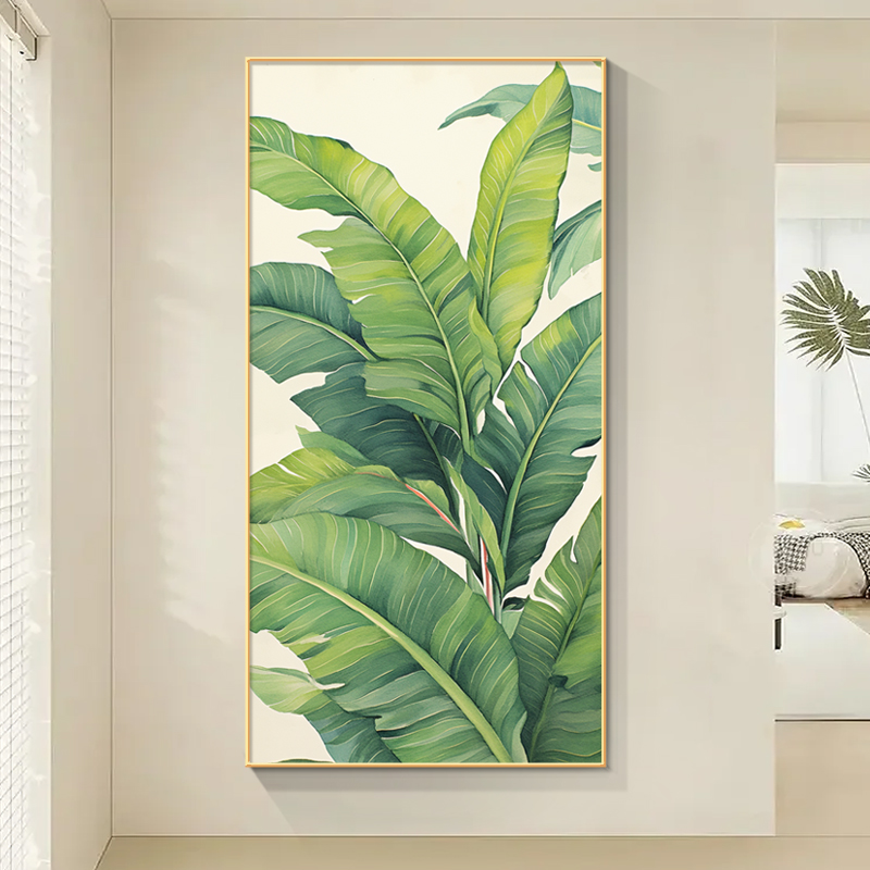 家大业大轻奢玄关装饰画高级感绿色植物挂画走廊过道尽头竖版壁画图片