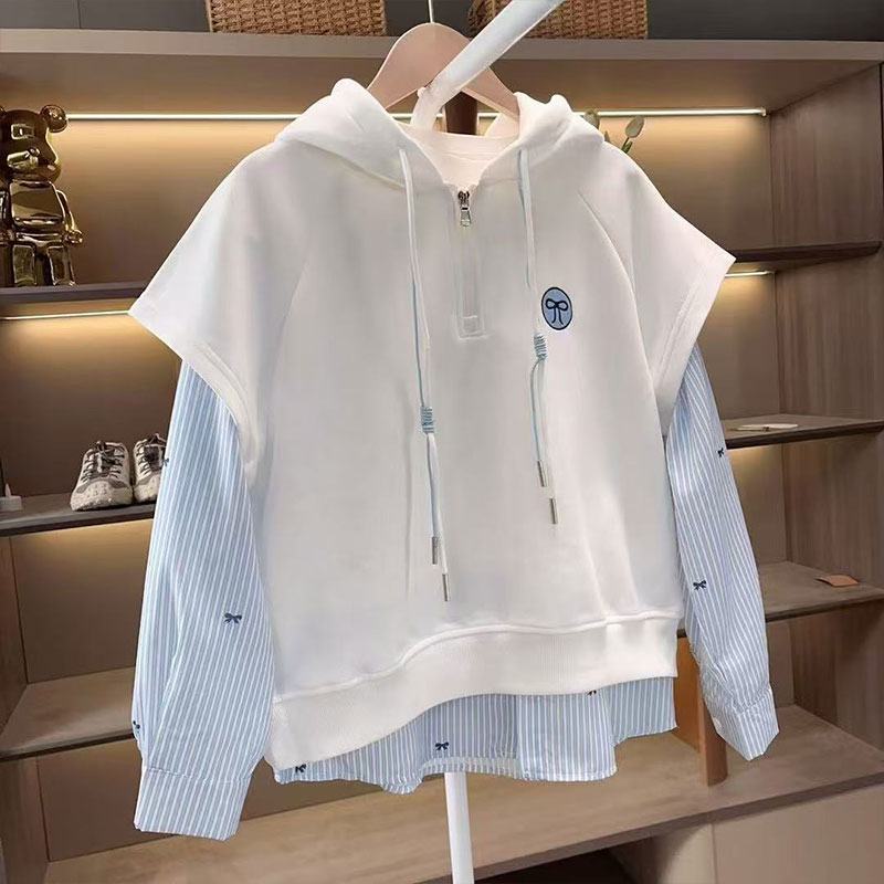 女童春装假两件连帽卫衣2025新款