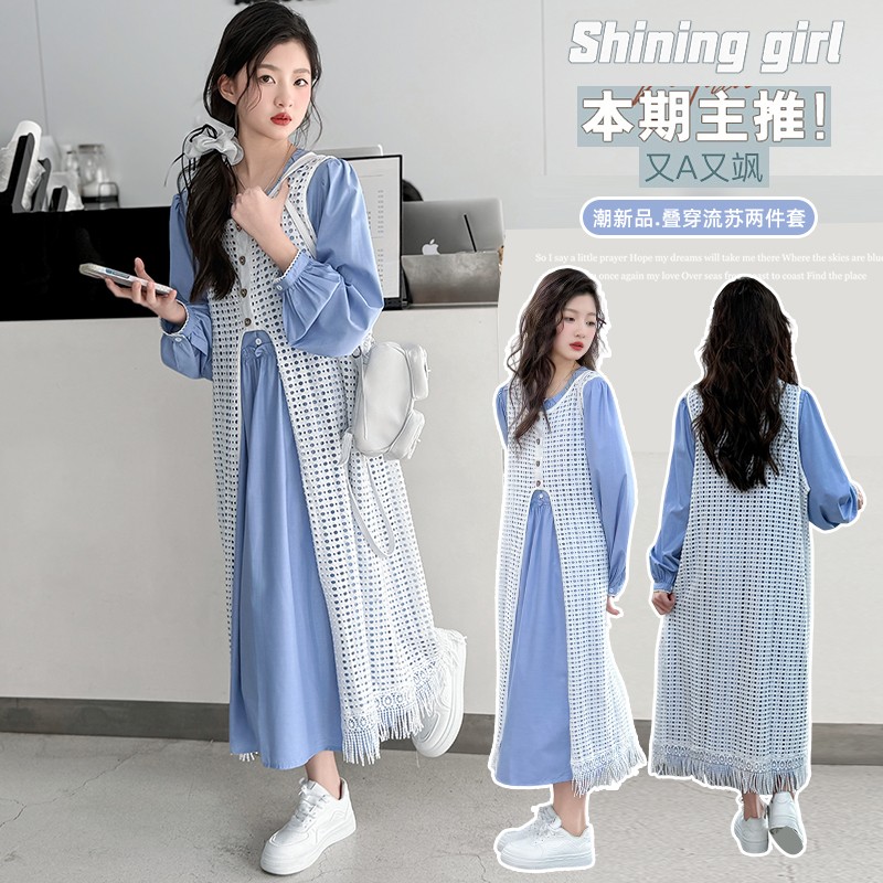 女童森系小清新蓝色衬衫连衣裙儿童流苏镂空罩衫裙春秋氛围感套装
