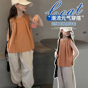 洋氣韓版 女童套裝 女孩潮 兩件套中大童夏季 純色背心七分褲 夏裝 新款