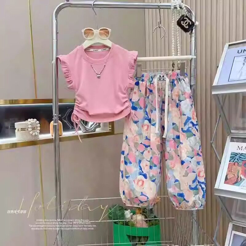女童夏季中大童套装韩版洋气木耳边T恤油画碎花裤子宽松两件套