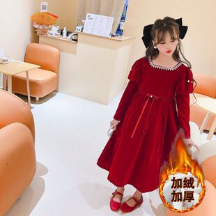 女大童年服连衣裙秋冬装2026新款小女孩洋气冬季加绒丝绒红色裙子