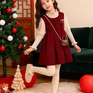 女童红色拜年服连衣裙2026新款冬季大童女孩过年毛衣裙子儿童套装
