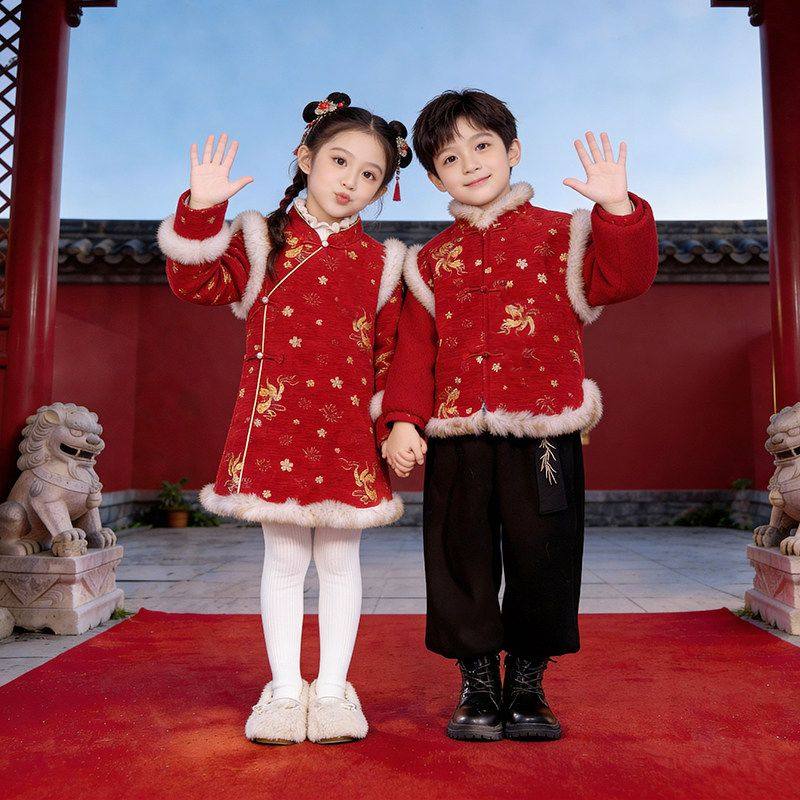男女童拜年服冬季新中式唐装加棉旗袍裙幼儿园汉服元旦舞台表演服,童装/婴儿装/亲子装,套装,淘宝优惠券,粉丝福利购,淘宝优惠卷