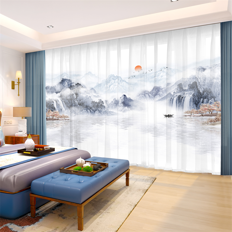 新中式窗帘布风景山水墨画白纱帘