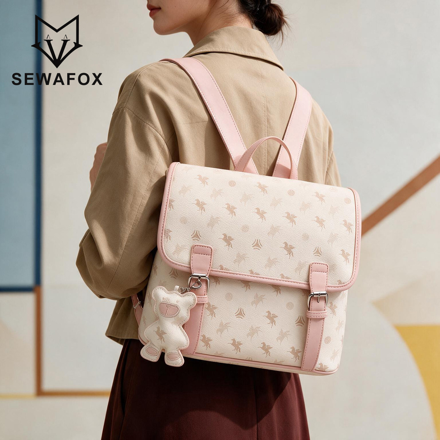 SEWAFOX飞马印花双肩包翻盖搭扣